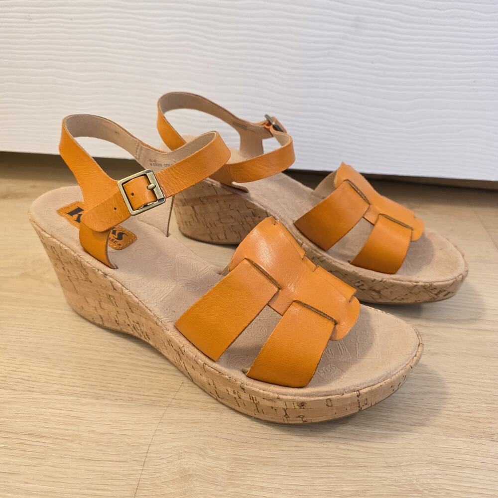 Korks Kork-Ease Orange Leather Tan Summer Bright Brie Wedge‎ Sandals Size 10